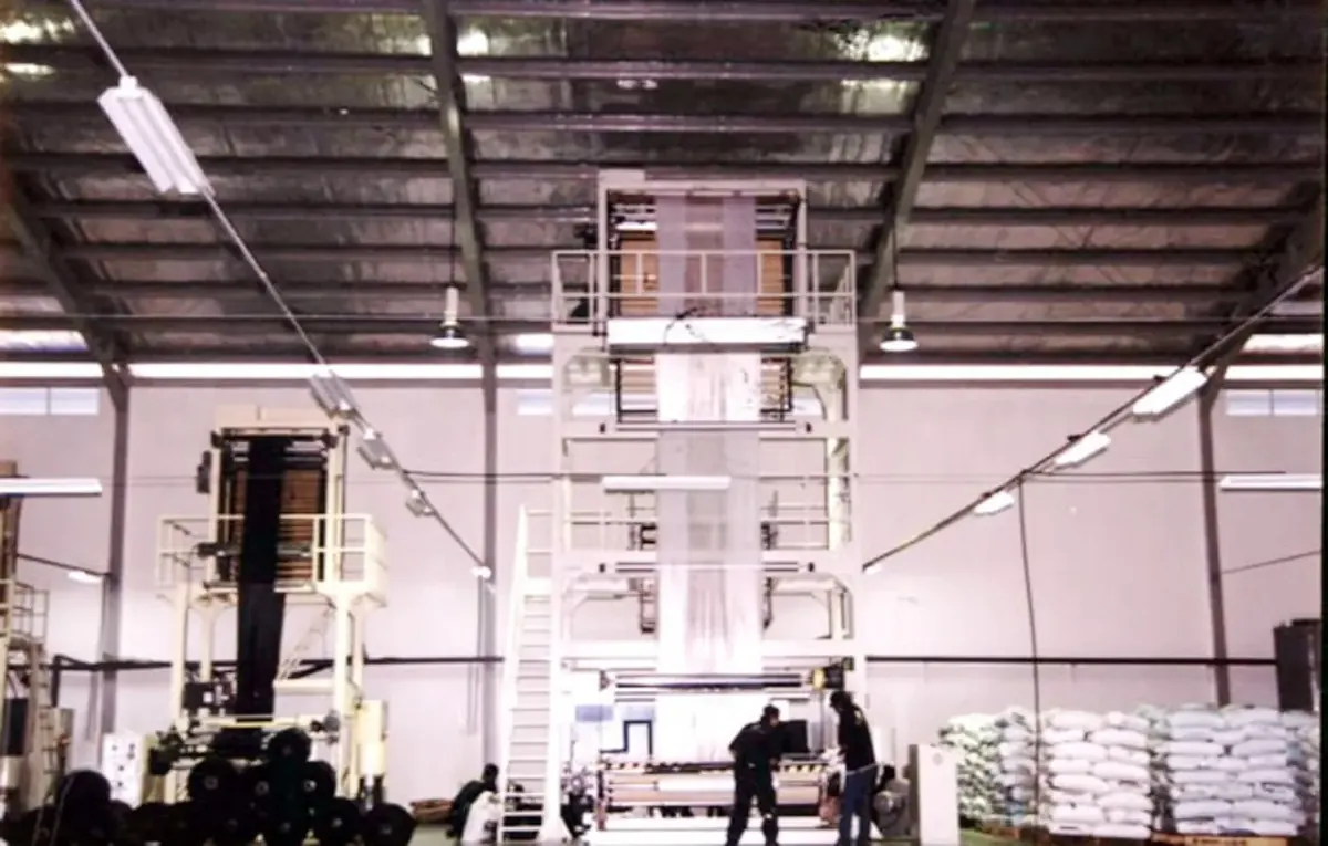 Blown-film line in a factory hall